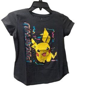 Pokemon T-Shirt Youth  10-12 Black Pikachu Cotton/Poly Crew Neck Short Sleeve